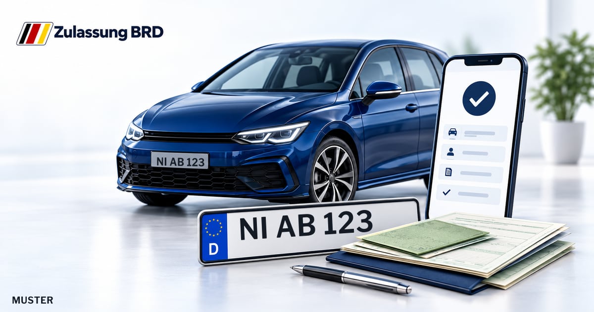 Online Fahrzeugzulassung in Nienburg a.d.Weser: Musterkennzeichen NI AB 123, Auto und Fahrzeugpapiere und Smartphone. Illustration mit Logo von Zulassung BRD.